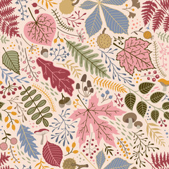 Seamless autumn pattern of leaves, branches and berries