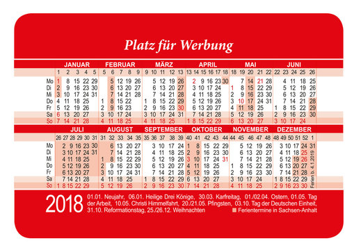 Kalender 2018 mit Anschnitt und Ferientermine in Sachsen-Anhalt