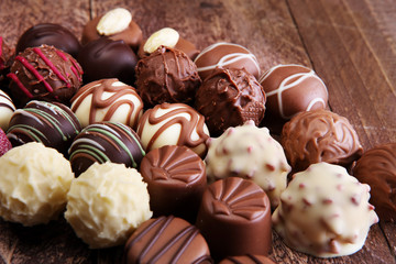 a lot of variety chocolate pralines, belgian confectionery gourmet chocolate