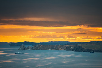 Sunrise on lake Baikal landscape island Olkhon