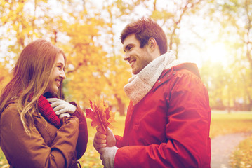 Fototapeta premium happy couple with maple leaves in autumn park