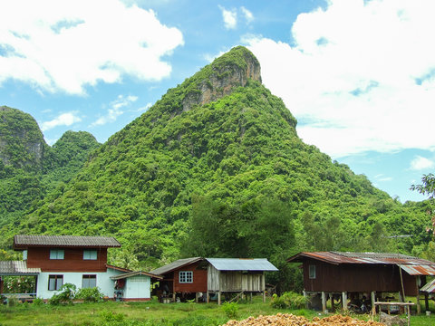 mountain and thai style house at Phatthalung Thailand