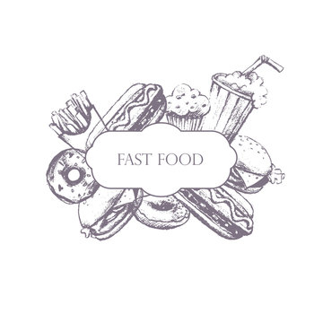 Advertising fast food, banner. Food painted by hand, vector illustration