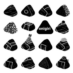 15 styles of isolated silhouette onigiri on white background. Japanese rice balls with nori seaweed in hand drawn style.