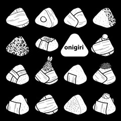 15 styles of isolated white silhouette onigiri on black background. Japanese rice balls with nori seaweed in hand drawn style.