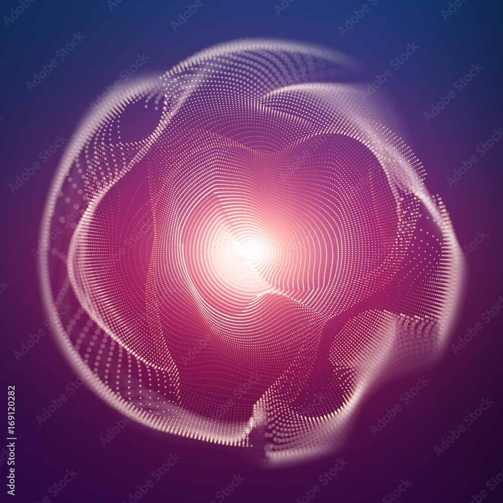 Poster abstract vector mesh sphere on dark background with depth of field effect. futuristic style card. el