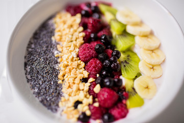 bowl of yogurt with fruits and seeds