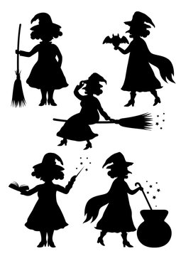 Vector set of silhouettes of witches, wizards