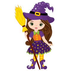 Vector Cute Little Witch with Broomstick