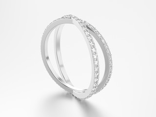 3D illustration white gold or silver two shanks diamond ring with reflection