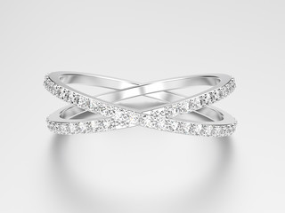 3D illustration white gold or silver two shanks diamond ring with reflection