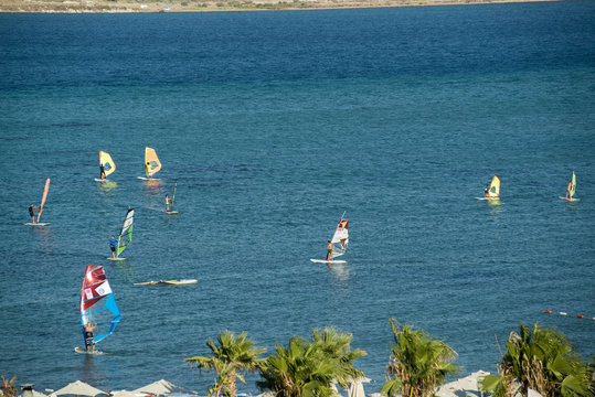 Wind Surfers in Alacati Surf Paradise, near Cesme Aegean Turkey, August 12, 2017.