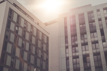 office complex in black and white with warm sunlight