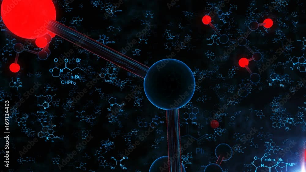 Poster impressive 3d rendering of the rotating movement of molecules with red and blue round atoms connecte