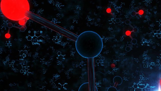 Impressive 3D rendering of the rotating movement of molecules with red and blue round atoms connected with lines. The blue formulas are seen on the abstract black background
