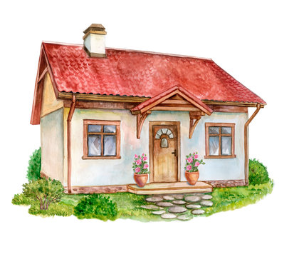 House, cottage with lawn isolated on white background. Bushes. Roses in a pot. Watercolor. Illustration. Handmade