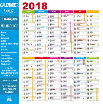 Calendrier 2018 annuel en français, éditable, multicolore