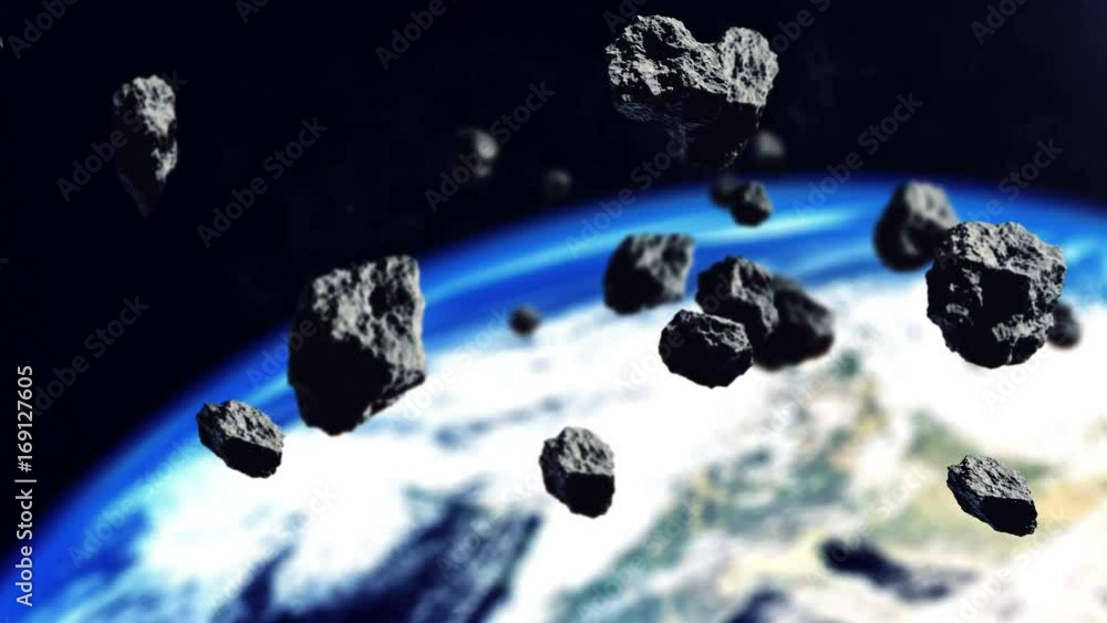 Poster closeup 3d rendering of asteroids and the earth planet.