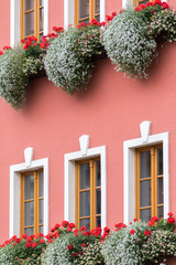 Karlovy Vary, Czech Republic - August 15, 2017:old condominiums flanked by the streets of the city, with a row of windows