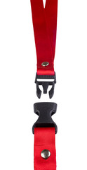 Open black plastic side release buckle with red woven strap attached