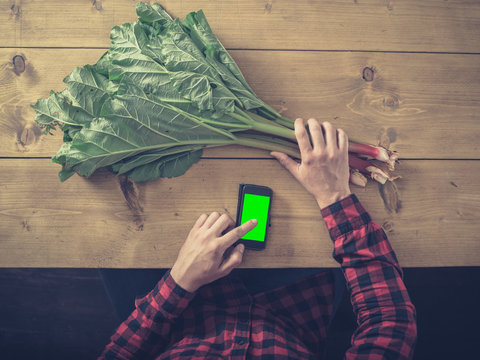 Man with rhubarb using smart phone