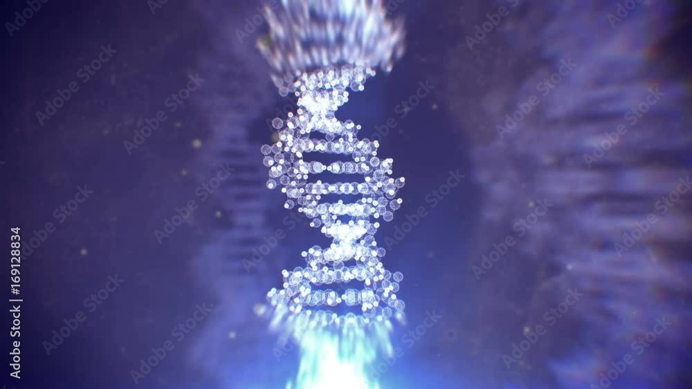 Aufkleber 3d rendering of digital dna structure rotate in dark blue background with macro lens effect.