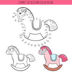 Coloring book and dot to dot educational game for kids. Connect the dots puzzle. Worksheet for class or at home with the kids. Cartoon toy horse rocking