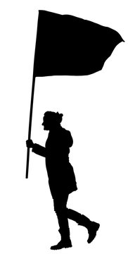 Woman walking with flag vector silhouette illustration isolated on white background. Angry protester on the street. 