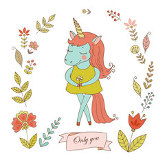 Lovely unicorn with vintage frame for your design in doodle style