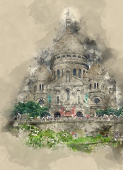 Naklejka premium Famous Sacre Coeur church in Paris on Montmartre hill