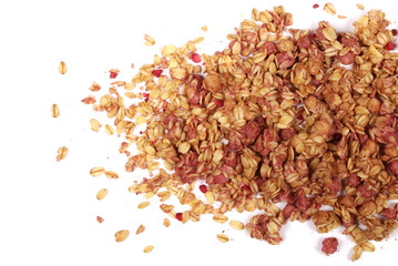 Crunchy granola, muesli pile with blackberry and raspberry isolated on white background, top view