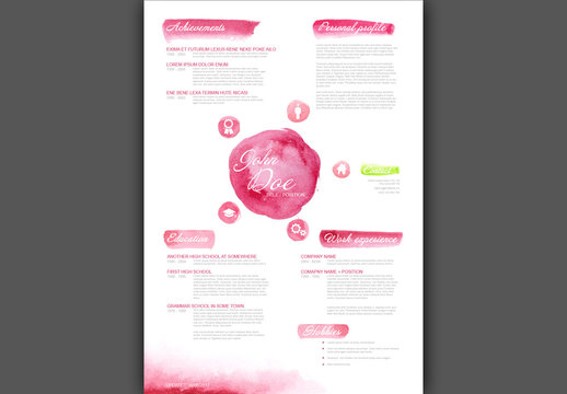 Pink Watercolor Digital Resume Layout