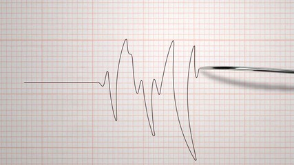 Animation of a polygraph lie detector test needle drawing a black line on graph paper on an grid white background