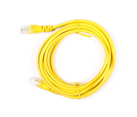Yellow ethernet cable isolated on white background