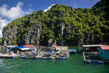 traditional vietnamese boats and floating village among beautiful limestone rocks of Lan Ha bay, the southern edge of Ha Long bay, Vietnam
