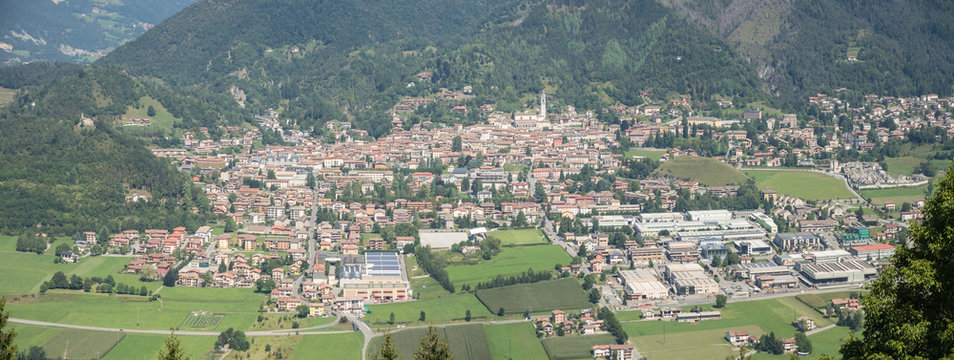 Landscape on the city of Clusone from the mountain lodge called San Lucio