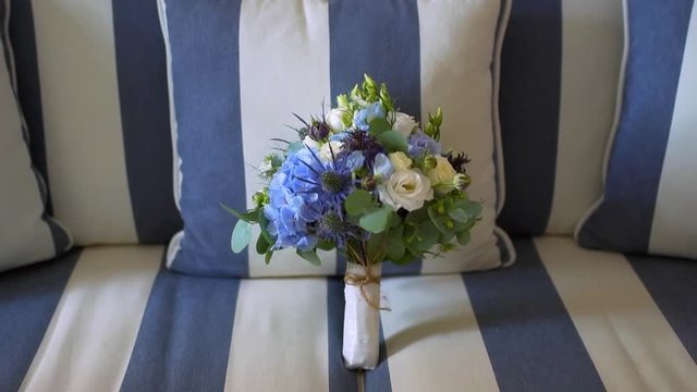 beautiful white blue wedding bouquet.