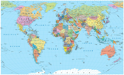 Kolorowa mapa świata - granice, kraje, drogi i miasta, fototapeta - obrazy, fototapety, plakaty