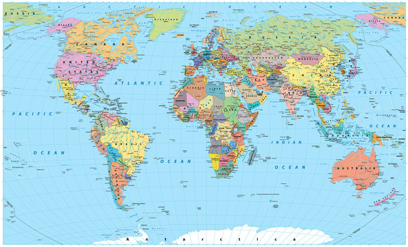 Colored World Map - borders, countries, roads and cities © pomogayev