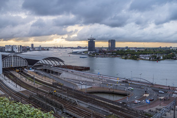 Fototapeta premium Aerial view over Amserdam Central Station