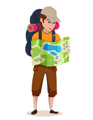 Tourist backpacker holding map and looking for touristic route