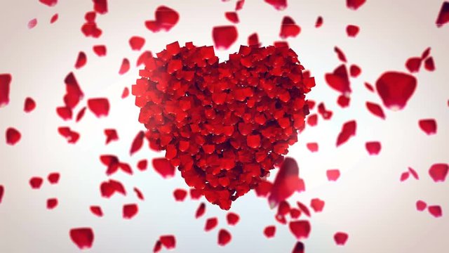 Amazing 3D rendering of the petals of red roses, placed in the center in the form of heart. The other petals fall down in the white background and create a romantic mood