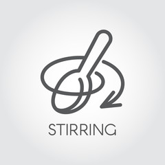Icon in line style of stirring spoon with arrow direction. Symbol for recipes, culinary books, websites and mobile apps. Vector mono stroke linear label. Illustration on a gray background