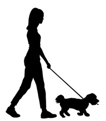 Owner handsome girl walking with dog vector silhouette illustration, isolated on white background. Maltese dog.