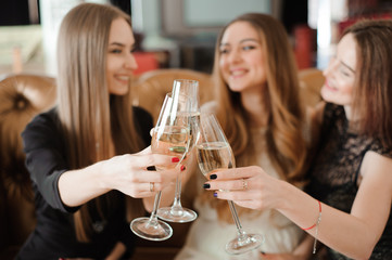 Cheerful girls clinking glasses of champagne at the party