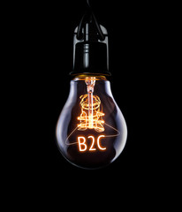 Hanging lightbulb with glowing B2C concept.