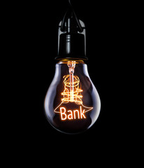 Hanging lightbulb with glowing Bank concept.
