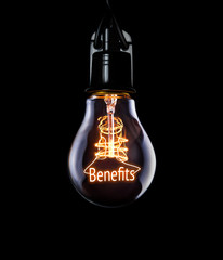 Hanging lightbulb with glowing Benefits concept.