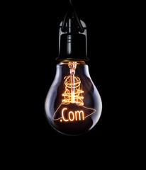 Hanging lightbulb with glowing .Com concept.