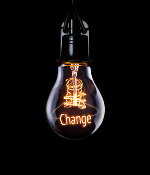 Hanging lightbulb with glowing Change concept.